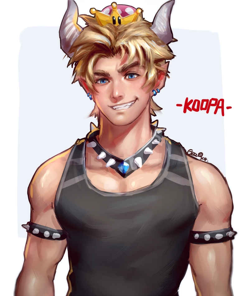 armlet blonde_hair blue_eyes bowsette collar commentary crown earrings genderswap genderswap_(ftm) grin horns jewelry looking_at_viewer lucha_cha male_focus mario_(series) new_super_mario_bros._u_deluxe nose pointy_ears smile solo spiked_collar spikes super_crown tank_top upper_body