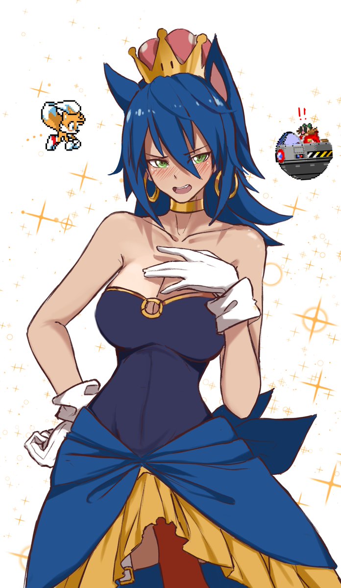 ! 5_fingers alternate_species animal_humanoid blush breasts canine cleavage clothed clothing crossgender crown dishwasher1910 dr.robotnik dress female gloves humanoid male mammal miles_prower sonic_(series) super_crown video_games