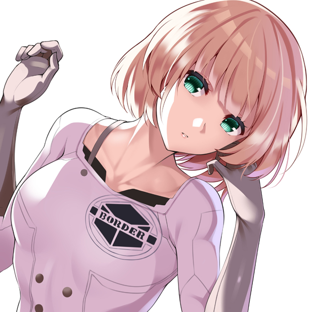 arms_up bangs blonde_hair blunt_bangs blush bob_cut collarbone commentary_request emblem gloves green_eyes grey_gloves hand_on_own_cheek huyumitsu lips looking_at_viewer nasu_rei no_pupils parted_lips short_hair simple_background solo upper_body white_background world_trigger