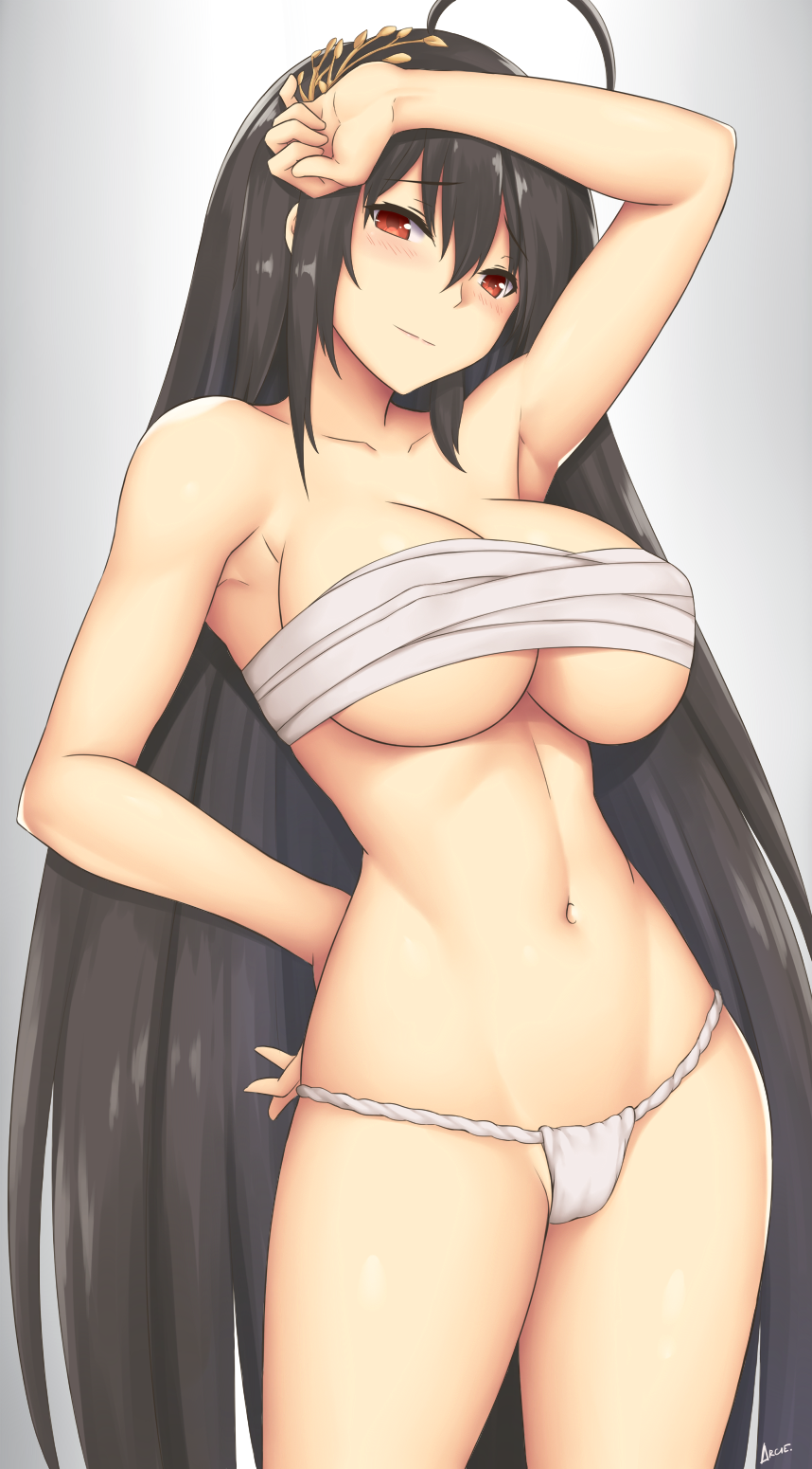 ahoge arciealbano arm_up armpits azur_lane bandages bangs bare_shoulders black_hair blush breasts budget_sarashi cleavage collarbone covered_nipples fundoshi grey_background groin hair_between_eyes hair_ornament half-closed_eyes hand_on_hip head_tilt highres hips japanese_clothes large_breasts long_hair looking_at_viewer narrow_waist navel red_eyes sarashi sideboob simple_background solo standing taihou_(azur_lane) thighs underboob very_long_hair