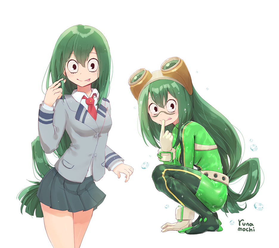:&gt; asui_tsuyu bangs between_legs blazer blush bodysuit boku_no_hero_academia breasts closed_mouth collared_shirt commentary_request eyebrows_visible_through_hair finger_to_mouth green_bodysuit green_hair green_skirt grey_jacket hair_between_eyes hand_between_legs index_finger_raised jacket long_hair low-tied_long_hair medium_breasts multiple_views necktie pleated_skirt red_neckwear runamochi shirt signature skirt squatting tongue tongue_out very_long_hair water_drop wet wet_hair white_shirt