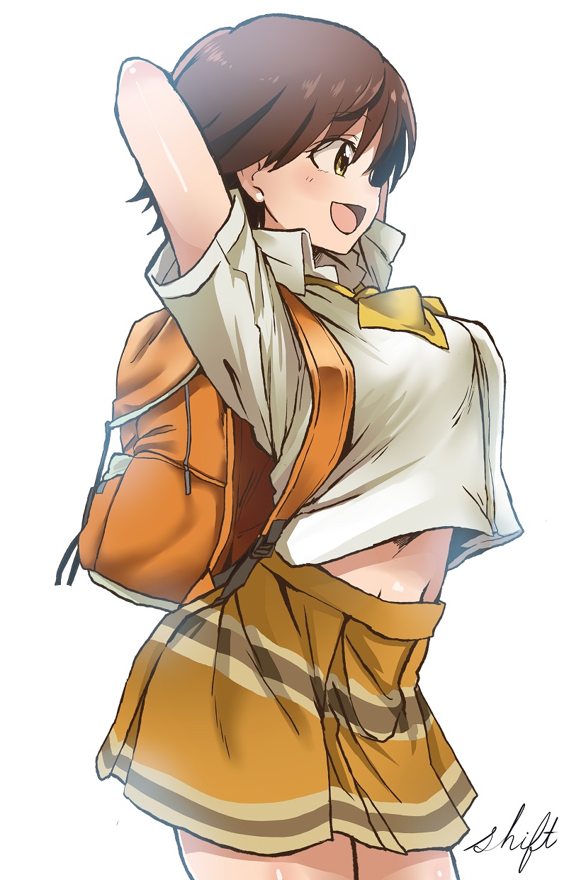 :d arched_back arms_behind_head arms_up artist_name backpack bag belly_peek blush bow bowtie breasts brown_hair collared_shirt commentary_request cowboy_shot from_side highres honda_mio idolmaster idolmaster_cinderella_girls large_breasts looking_away miniskirt navel open_mouth shift_(waage) shirt short_hair short_sleeves signature simple_background skirt smile solo stretch white_background white_shirt wing_collar yellow_bow yellow_eyes yellow_neckwear yellow_skirt