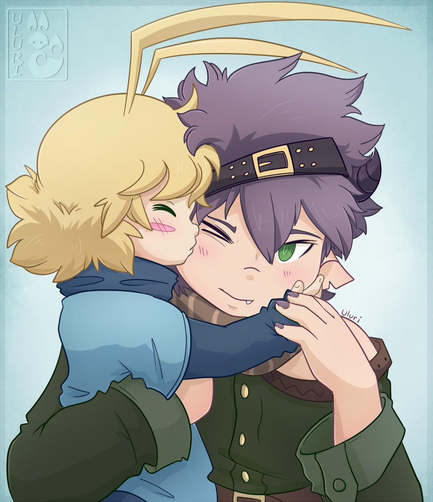 blonde_hair blush child demon duo female green_eyes hair hand_holding human human_on_humanoid humanoid kissing loli male mammal not_furry purple_hair sin uluri young zozo