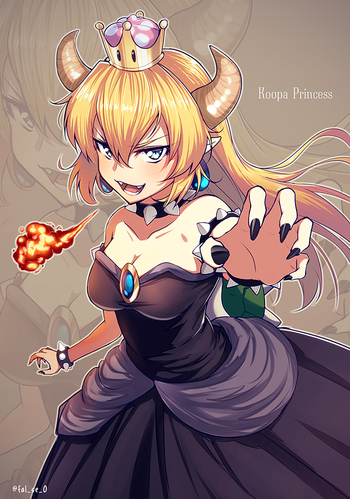 bare_shoulders black_dress black_nails blonde_hair blue_eyes bowsette bracelet breasts brown_background character_name cleavage collar collarbone commentary_request crown dress earrings fal fangs fire horns jewelry long_hair looking_at_viewer mario_(series) medium_breasts nail_polish new_super_mario_bros._u_deluxe open_mouth pointy_ears smile solo spiked_bracelet spiked_collar spikes super_crown teeth twitter_username zoom_layer