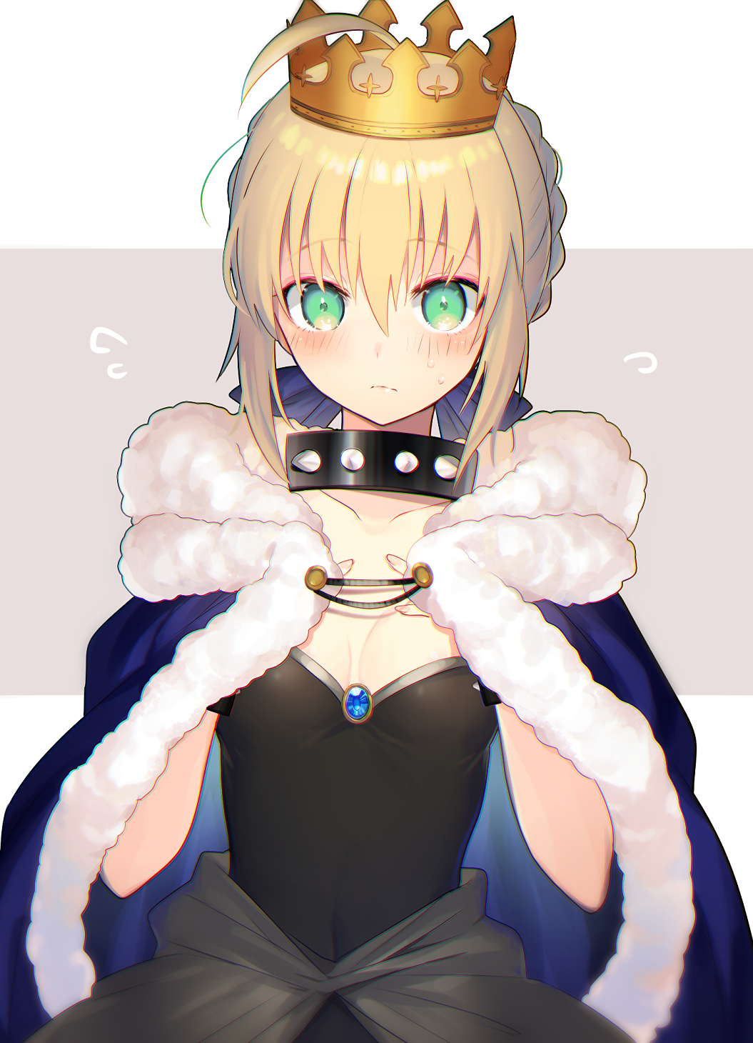 antenna_hair artoria_pendragon_(all) bangs black_dress blonde_hair blush bowsette bowsette_(cosplay) braid breasts breasts_apart check_commentary choker collar collarbone commentary_request cosplay cowl crown dress embarrassed eyebrows_visible_through_hair fate/grand_order fate_(series) gem green_eyes hair_between_eyes highres kirie_nozomi looking_at_viewer mario_(series) medium_breasts new_super_mario_bros._u_deluxe overskirt partial_commentary saber short_hair silver_trim simple_background small_breasts solo spiked_collar spikes strapless strapless_dress sweatdrop
