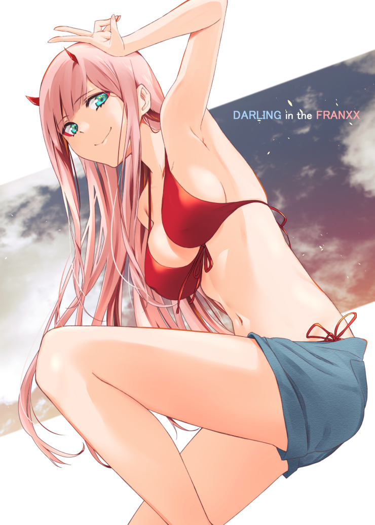 aqua_eyes armpits bangs bare_shoulders bikini blue_shorts blush breasts closed_mouth collarbone commentary copyright_name darling_in_the_franxx eyeliner hand_gesture hand_up horns long_hair looking_at_viewer makeup medium_breasts murio navel pink_hair red_bikini red_horns shorts sideboob smile solo swimsuit thighs v zero_two_(darling_in_the_franxx)