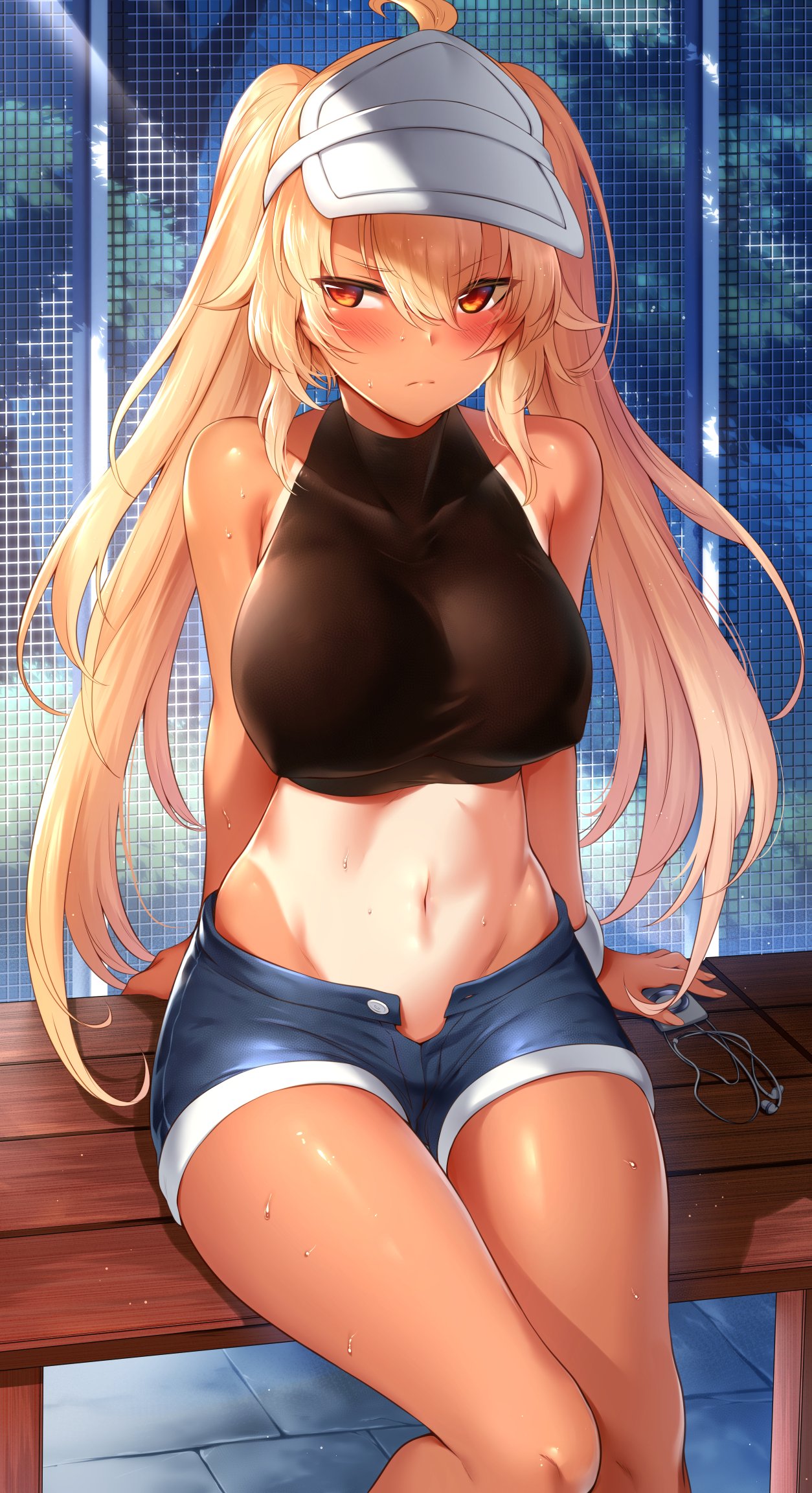ahoge black_rock_shooter blonde_hair blush breasts chariot_(black_rock_shooter) closed_mouth collarbone covered_nipples crop_top highres large_breasts long_hair m-da_s-tarou midriff navel one-piece_tan open_pants outdoors red_eyes shiny shiny_skin shirt short_shorts shorts sitting tan tanline