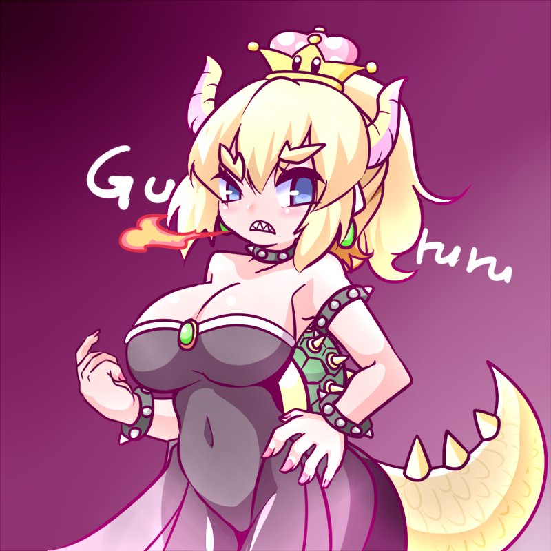 bangs bare_shoulders black_dress blonde_hair blue_eyes bowsette bracelet breasts cleavage clenched_teeth collar commentary_request covered_navel crown dress earrings eyebrows_visible_through_hair fingernails fire gradient gradient_background hair_between_eyes hand_on_hip hono horns jewelry large_breasts mario_(series) mini_crown nail_polish new_super_mario_bros._u_deluxe pointy_ears ponytail purple_background purple_nails sharp_teeth solo spiked_bracelet spiked_collar spiked_shell spiked_tail spikes strapless strapless_dress super_crown tail teeth turtle_shell v-shaped_eyebrows