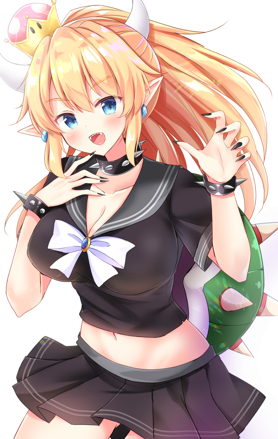 black_serafuku black_skirt blonde_hair blue_eyes bowsette bracelet breasts claw_pose collar commentary_request crown dress highres horns jewelry long_hair mario_(series) masayo_(gin_no_ame) neckerchief new_super_mario_bros._u_deluxe open_mouth pleated_skirt ponytail school_uniform serafuku sharp_teeth simple_background skirt spiked_bracelet spiked_collar spikes super_crown super_mario_bros. teeth turtle_shell