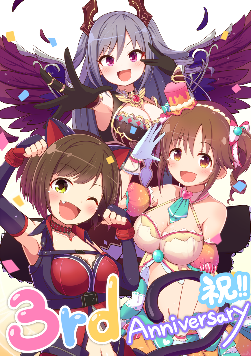 :d ;d animal_ears anniversary black_gloves blush breasts brown_eyes brown_hair cat_ears cleavage elbow_gloves eyebrows_visible_through_hair fake_animal_ears fingerless_gloves gloves green_eyes grey_hair highres idolmaster idolmaster_cinderella_girls idolmaster_cinderella_girls_starlight_stage kanzaki_ranko large_breasts long_hair looking_at_viewer maekawa_miku multiple_girls navel one_eye_closed open_mouth outstretched_hand paw_pose pink_eyes pose qixi_cui_xing short_hair short_twintails smile totoki_airi twintails v-shaped_eyebrows white_gloves