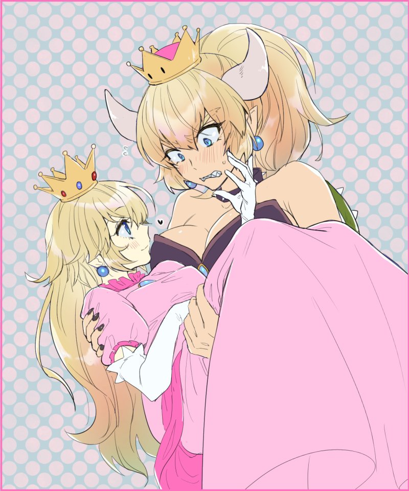 bangs bare_shoulders blonde_hair blue_eyes bowsette breasts carrying cleavage commentary_request crown dress earrings elbow_gloves flying_sweatdrops gem gloves heart horns jewelry large_breasts long_hair looking_at_another mario_(series) medium_breasts multiple_girls new_super_mario_bros._u_deluxe pink_dress pointy_ears ponytail princess_carry princess_peach puffy_short_sleeves puffy_sleeves shell short_sleeves spiked_shell spikes sundomeya_(bang) super_crown super_mario_bros. turtle_shell white_gloves yuri