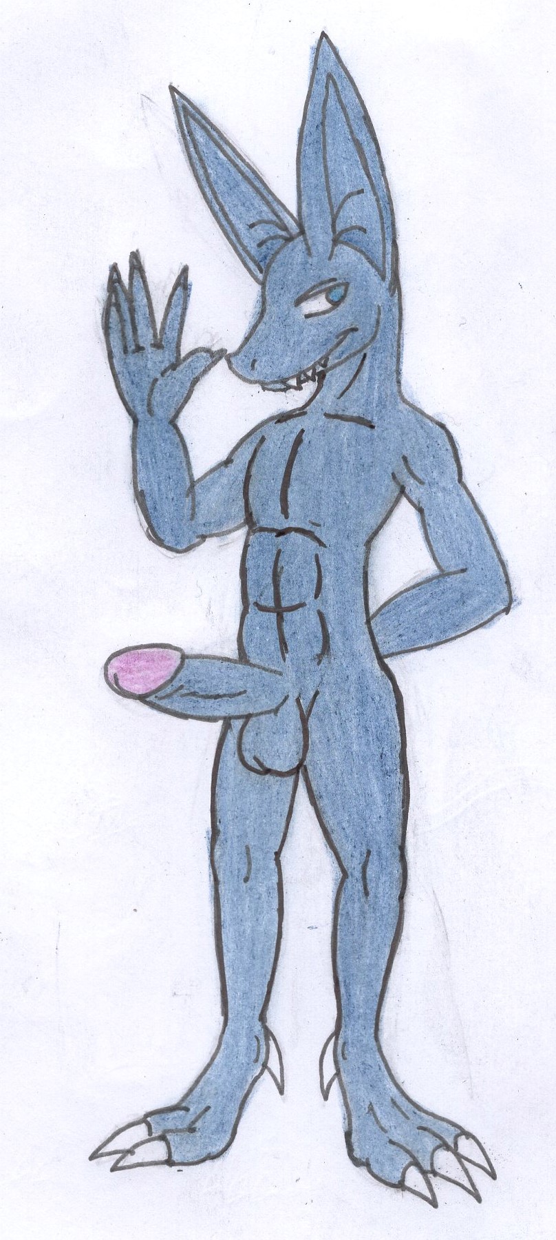 abs anthro balls blue_eyes blue_scales circumcised claws erection gin hand_behind_back looking_at_viewer maicakswilbrn male muscular nude penis redboi scales sharp_teeth simple_background smile solo standing teeth twitchyanimation waving white_background