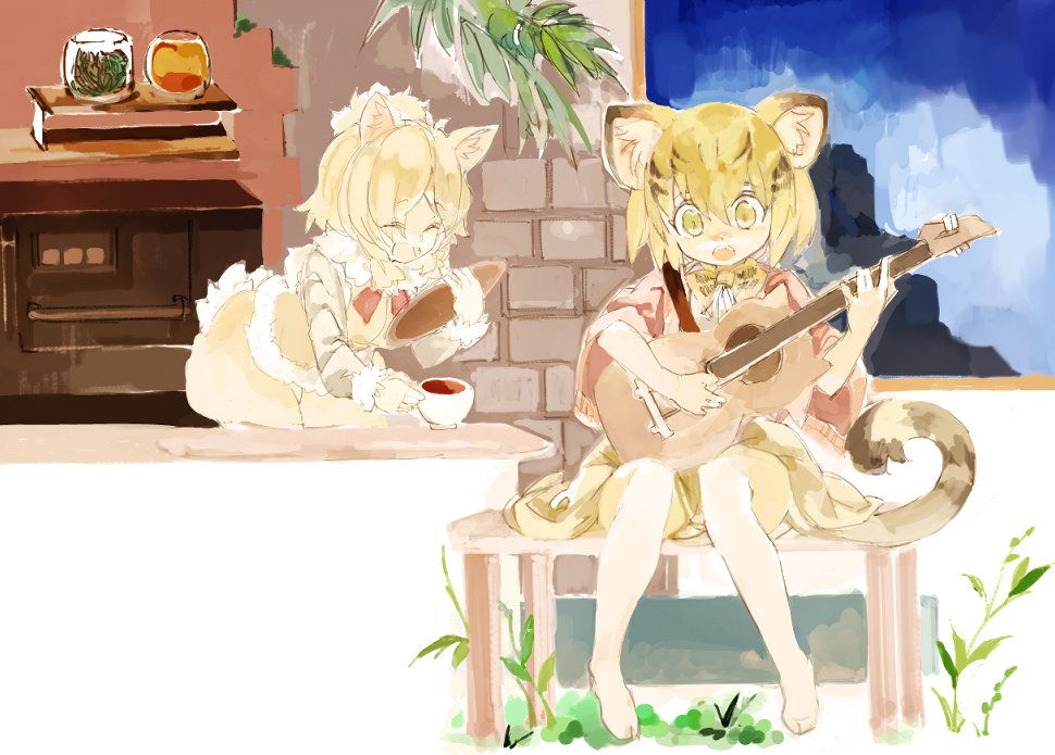 alpaca_ears alpaca_suri_(kemono_friends) alpaca_tail animal_ears blonde_hair bow bowtie cat_ears cat_tail commentary_request cup elbow_gloves eyebrows_visible_through_hair fur_collar fur_trim gloves guitar hair_bun hair_tubes instrument kemono_friends konabetate multicolored_hair multiple_girls music no_shoes playing_instrument sand_cat_(kemono_friends) shawl short_hair shorts sitting tail teacup thighhighs tray vest white_hair