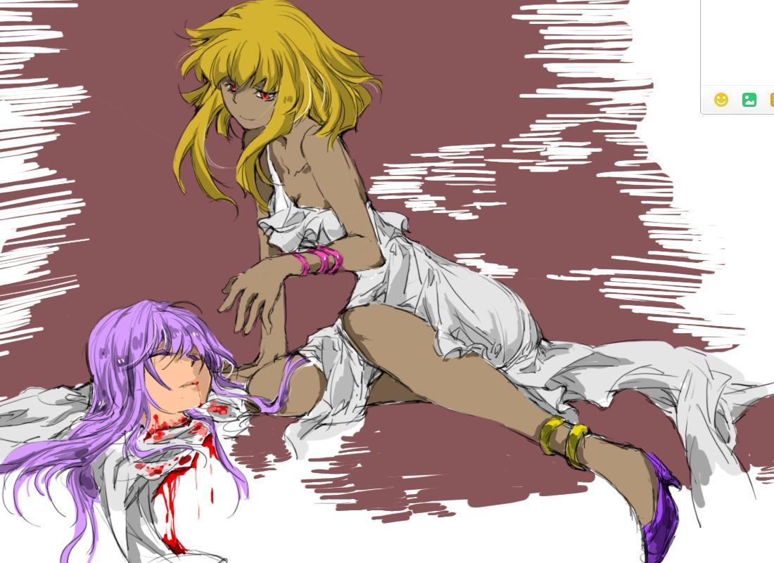 10s 2girls artist_request blonde_hair blood corpse death dress jewelry kido_saori multiple_girls pallas red_eyes saint_seiya saint_seiya_omega smile