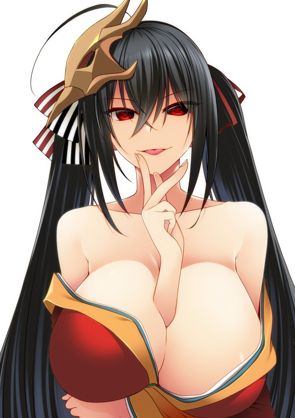 arm_between_breasts azur_lane bare_shoulders black_hair breasts hand_to_own_mouth japanese_clothes kimono long_hair looking_at_viewer mask mask_on_head miyashiro_sousuke off_shoulder red_eyes smile solo taihou_(azur_lane) tongue tongue_out twintails