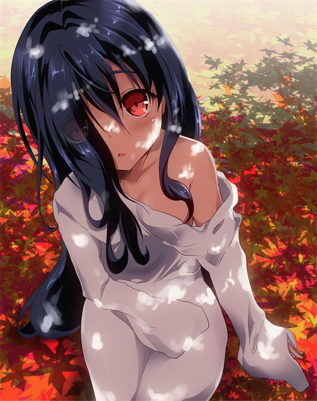 autumn_leaves azumawari_(azumofu) bangs black_hair blush breasts collarbone commentary_request day dress eyebrows_visible_through_hair eyes_visible_through_hair hat_over_one_eye long_hair long_sleeves looking_at_viewer medium_breasts off_shoulder outdoors parted_lips sitting sleeves_past_fingers sleeves_past_wrists solo the_ring very_long_hair white_dress yamamura_sadako