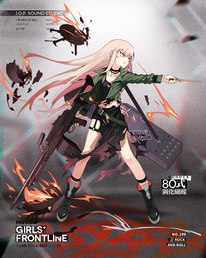 ahoge alternate_costume bangs belt black_dress black_footwear black_nails black_skirt boots buckle character_name clenched_teeth collarbone copyright_name cross cross-laced_footwear cross_earrings damaged dress drone drumsticks earrings fire full_body girls_frontline glaring green_jacket gun hand_up heavy_machine_gun holding holding_drumsticks holding_gun holding_weapon injury jacket jewelry jong_tu lace-up_boots leather leather_choker leather_wrist_straps light_brown_hair long_hair long_skirt looking_afar machine_gun multiple_earrings multiple_rings nail_polish necklace o-ring off_shoulder official_art open_clothes open_jacket parted_lips pink_hair pointing punk red_eyes ring rocker-chic side_slit sidelocks skirt solo standing teeth thigh_strap torn_clothes torn_dress type_80 type_80_(girls_frontline) very_long_hair weapon weapon_case wind wrist_straps