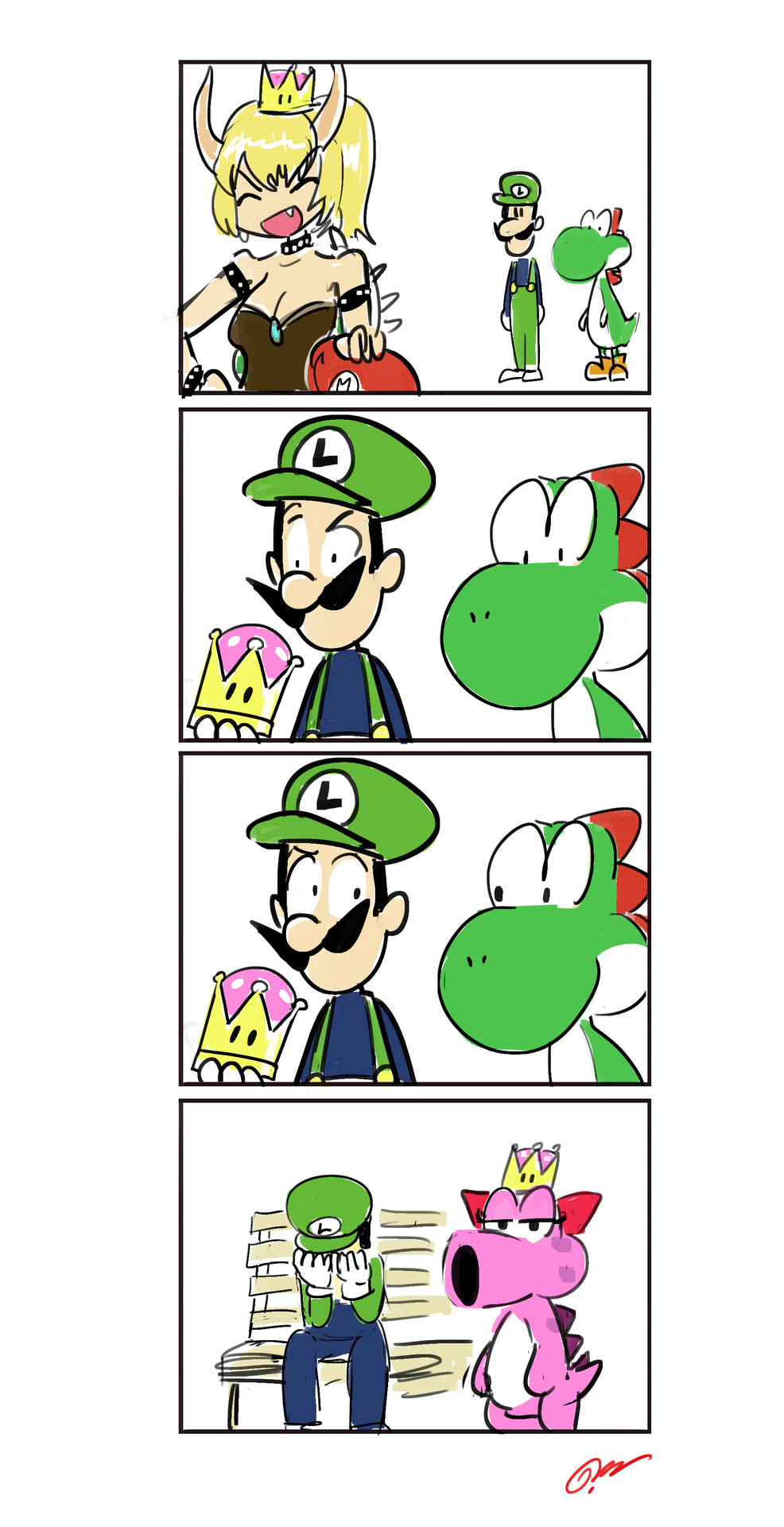 2boys 4koma :d bare_shoulders birdo blonde_hair blue_overalls bowsette bracelet breasts cleavage closed_eyes collar comic face_in_hands fang gapangman gloves green_hat green_shirt hand_on_another's_head hat highres jewelry luigi mario mario_(series) multiple_boys new_super_mario_bros._u_deluxe on_bench open_mouth outdoors overalls red_hat shirt sitting smile spiked_armlet spiked_bracelet spiked_collar spikes standing super_crown super_mario_bros. suspenders upper_body white_background white_gloves yoshi