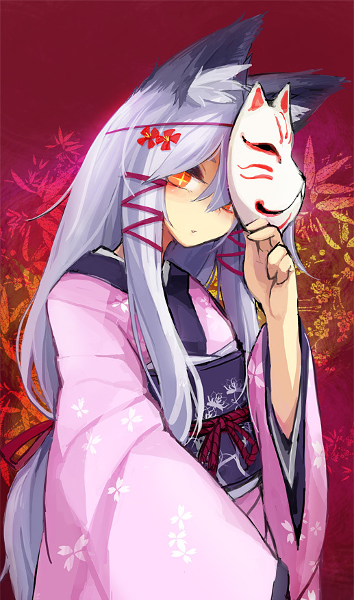 1girl animal_ear_fluff animal_ears bee_(deadflow) commentary_request fox_ears fox_mask grey_hair hand_up japanese_clothes kimono long_hair looking_at_viewer mask obi orange_eyes original parted_lips pink_kimono red_background sash solo standing