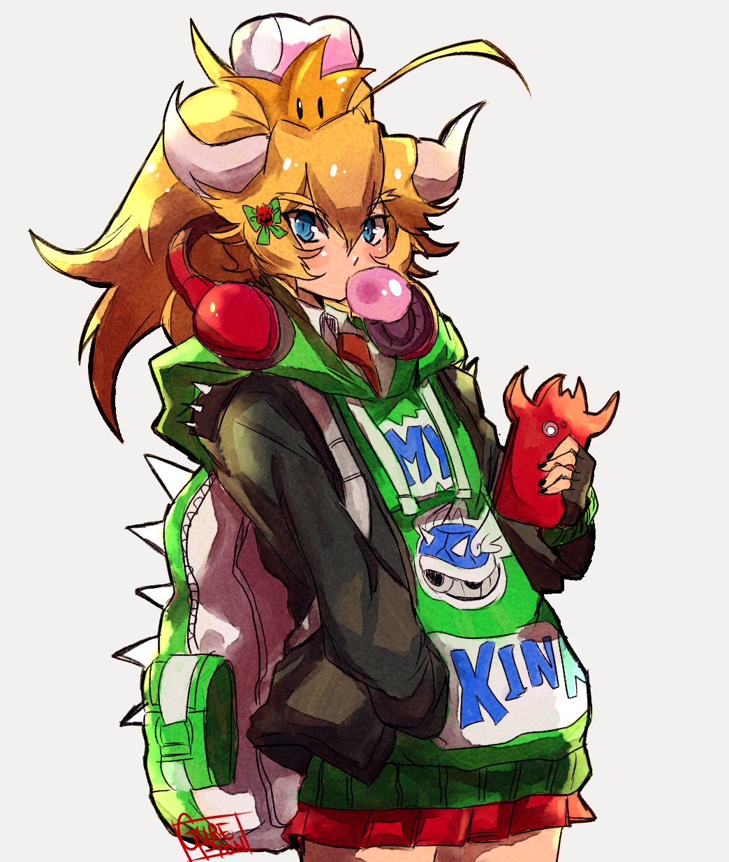 ahoge backpack bag blonde_hair blue_eyes blue_shell bowsette bubble_blowing cellphone chewing_gum commentary contemporary cowboy_shot english_commentary eyebrows_visible_through_hair gurepyon hair_ornament hairclip hand_in_pocket headphones headphones_around_neck highres hood hoodie horns mario_(series) mario_kart nail_polish necktie new_super_mario_bros._u_deluxe phone pleated_skirt ponytail print_hoodie signature skirt smartphone solo super_crown thick_eyebrows wing_collar