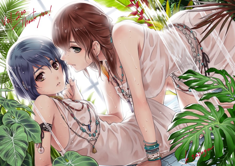 amulet armlet artist_name bead_necklace beads belly_chain bent_over blue_hair bracelet brown_hair domestic_na_kanojo dress earrings feather_earrings green_eyes jewelry looking_at_viewer multiple_girls necklace official_art plant sasuga_kei see-through short_hair siblings signature sisters sunlight tachibana_hina tachibana_rui thank_you tile_floor tiles water wet white_dress window