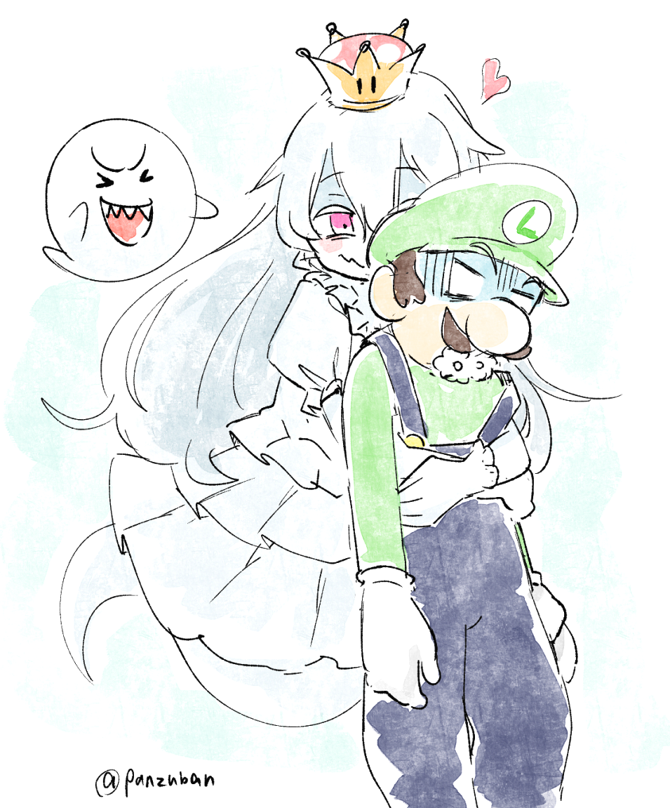 &gt;_&lt; 1girl :d artist_name blank_eyes blue_overalls blush boo brown_hair commentary crown dress facial_hair fainted foaming_at_the_mouth ghost ghost_tail gloves green_hat green_shirt hair_between_eyes hat heart hug hug_from_behind long_hair luigi luigi's_mansion mario_(series) mustache new_super_mario_bros._u_deluxe open_mouth overalls panzuban pink_eyes princess_king_boo puffy_short_sleeves puffy_sleeves sharp_teeth shirt short_sleeves simple_background sketch smile super_crown teeth turn_pale twitter_username very_long_hair white_background white_dress white_gloves white_hair white_skin xd