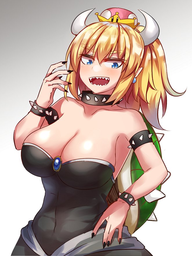 :d armlet armpits bangs bare_arms bare_shoulders black_collar black_dress black_nails blonde_hair blue_earrings blue_eyes blush bowsette bracelet breasts cleavage collar collarbone commentary_request covered_navel crown dress earrings eyebrows_visible_through_hair eyelashes eyes_visible_through_hair fingernails forked_eyebrows half-closed_eyes hand_on_hip hand_up horns jewelry large_breasts long_fingernails long_hair looking_at_viewer mario_(series) nail_polish new_super_mario_bros._u_deluxe ohitashi_netsurou open_mouth pointy_ears ponytail sanpaku sharp_fingernails sharp_teeth shiny shiny_hair slit_pupils smile solo spiked_armlet spiked_bracelet spiked_collar spikes strapless strapless_dress super_crown teeth thick_eyebrows turtle_shell upper_body v-shaped_eyebrows