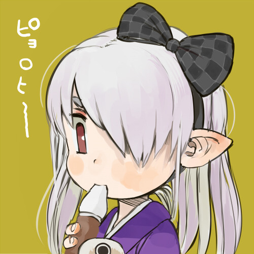black_bow bow checkered checkered_bow ebimomo fingernails hair_bow hair_over_one_eye hairband holding long_hair looking_at_viewer looking_down lowres one_eye_covered original pointy_ears portrait red_eyes silver_hair simple_background solo yellow_background