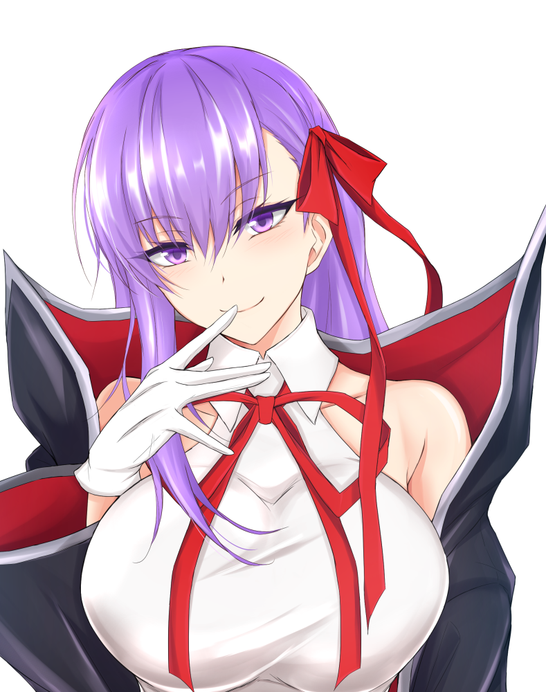 bangs bare_shoulders bb_(fate)_(all) bb_(swimsuit_mooncancer)_(fate) black_coat blush breasts collarbone commentary_request eyebrows_visible_through_hair fate/grand_order fate_(series) finger_to_mouth gloves hair_between_eyes hair_ribbon hand_up head_tilt high_collar huge_breasts long_hair long_sleeves looking_at_viewer neck_ribbon piro_(iiiiiiiiii) purple_eyes purple_hair red_neckwear red_ribbon ribbon shirt simple_background single_sidelock smile solo upper_body white_background white_gloves white_shirt wide_sleeves wing_collar