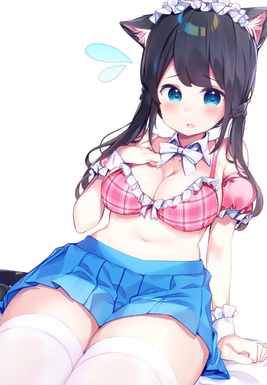 animal_ear_fluff animal_ears bangs bare_shoulders blue_eyes blue_skirt blush bow bow_bra bra breasts brown_hair cat_ears chikuwa. cleavage commentary_request detached_collar detached_sleeves dutch_angle eyebrows_visible_through_hair flying_sweatdrops frilled_hairband frills hairband hand_on_own_chest hand_up highres large_breasts long_hair navel original parted_lips plaid plaid_bra pleated_skirt puffy_short_sleeves puffy_sleeves red_bra short_sleeves simple_background sitting skirt solo thighhighs underwear white_background white_collar white_legwear wrist_cuffs