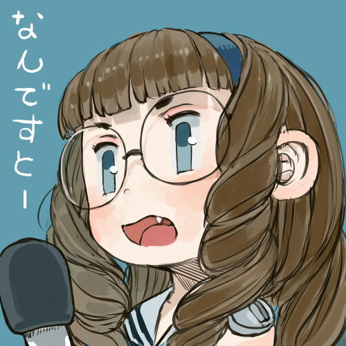 blue_background blue_eyes blue_hairband blush brown_hair ebimomo fang glasses hairband holding holding_microphone long_hair looking_at_viewer lowres microphone open_mouth original portrait round_eyewear sailor_collar school_uniform serafuku simple_background solo white_sailor_collar