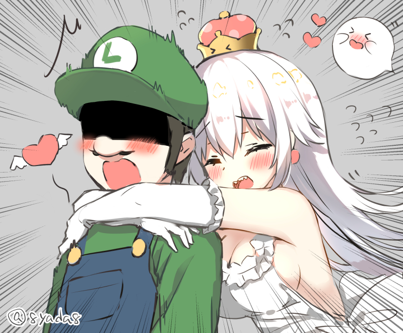 1girl bangs blue_overalls blush boo breasts cleavage closed_eyes commentary_request crown dress earrings eyebrows_visible_through_hair facial_hair flying_sweatdrops frilled_dress frilled_gloves frills ghost gloves green_hat green_shirt hair_between_eyes hat heart hug jewelry large_breasts long_hair luigi luigi's_mansion mario_(series) mustache new_super_mario_bros._u_deluxe open_mouth overalls princess_king_boo sharp_teeth shirt sideboob super_crown super_mario_bros. teeth white_dress white_gloves white_hair yadapot
