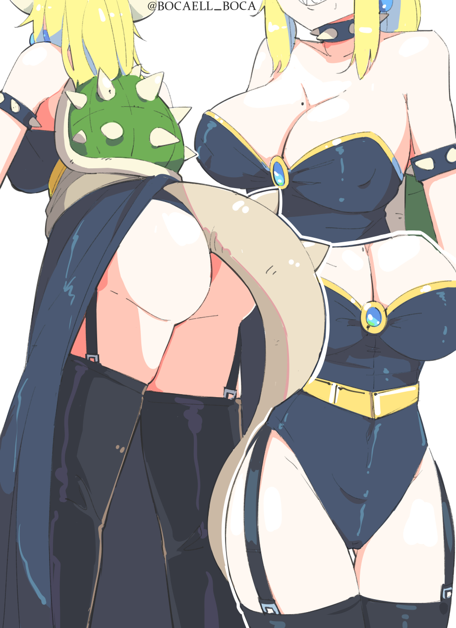 ass black_legwear black_leotard black_panties blonde_hair boca bowsette breasts cleavage close-up commentary dress dress_lift earrings from_behind garter_straps head_out_of_frame highres hips horns jewelry large_breasts leotard mario_(series) mole mole_on_breast multiple_views new_super_mario_bros._u_deluxe panties shell skirt skirt_lift spikes standing super_mario_bros. tail thighhighs twitter_username underwear