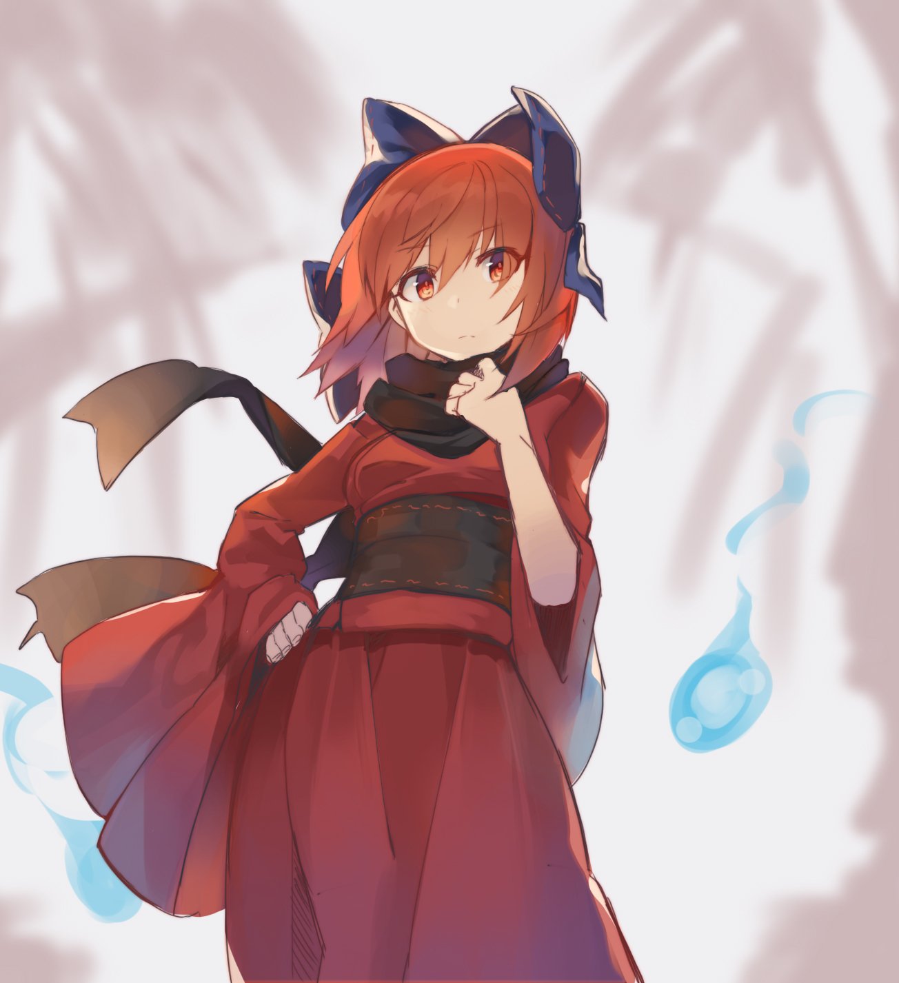 alternate_costume bangs black_sash black_scarf blue_bow bow breasts commentary_request dress eyebrows_visible_through_hair eyes_visible_through_hair feet_out_of_frame grey_background hair_between_eyes hair_bow hand_on_hip hand_up highres hitodama long_sleeves medium_breasts obi red_dress red_eyes red_hair ribbon-trimmed_bow ribbon_trim rin_falcon sash scarf sekibanki short_hair solo standing touhou wide_sleeves