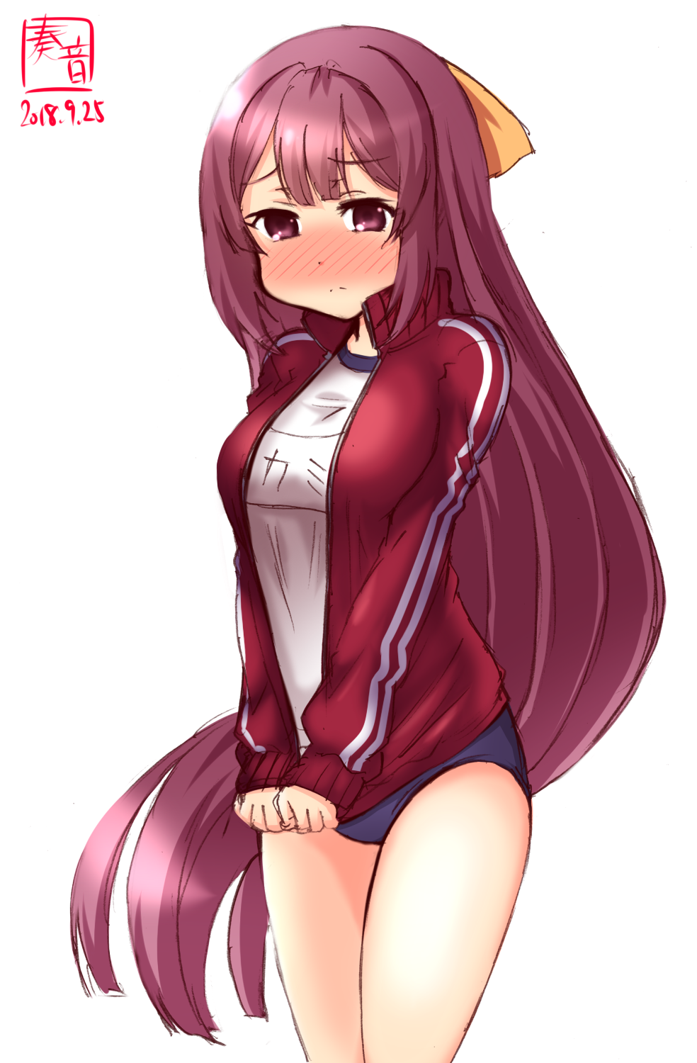 artist_logo blue_buruma blush bow buruma commentary_request covering covering_crotch cowboy_shot dated double_vertical_stripe gym_uniform hair_bow highres jacket jacket_tug kamikaze_(kantai_collection) kanon_(kurogane_knights) kantai_collection long_hair name_tag nose_blush purple_hair red_eyes red_jacket shirt simple_background solo track_jacket white_background white_shirt yellow_bow