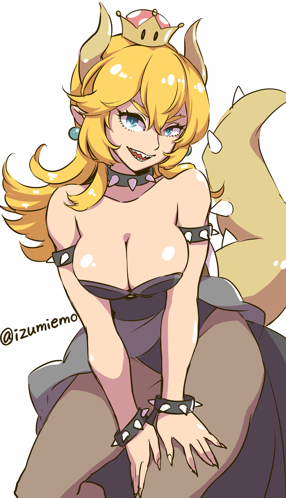 armlet artist_name bangs bare_shoulders black_legwear black_leotard black_skirt blonde_hair blue_eyes bowsette bracelet breasts cleavage collar crown earrings hair_down highres horns izumiemo jewelry large_breasts leaning_forward leotard long_hair looking_at_viewer mario_(series) new_super_mario_bros._u_deluxe open_mouth pantyhose pointy_ears sharp_teeth skirt skirt_lift smile solo spiked_bracelet spiked_collar spikes strapless strapless_leotard super_crown tail teeth thighs turtle_shell twitter_username