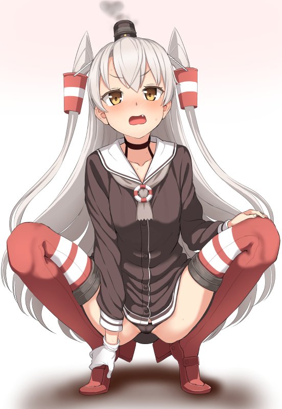 amatsukaze_(kantai_collection) ass bangs black_panties blush brown_eyes cameltoe choker commentary dress eyebrows_visible_through_hair fang full_body garter_straps gloves hair_between_eyes hair_tubes hand_on_ankle hand_on_own_knee hat kantai_collection kumadano legs lifebuoy long_hair looking_at_viewer mini_hat open_mouth panties red_legwear sailor_dress short_dress silver_hair simple_background single_glove smoke smokestack smokestack_hair_ornament solo spread_legs squatting striped striped_legwear thighhighs thighs two_side_up underwear white_background white_gloves windsock