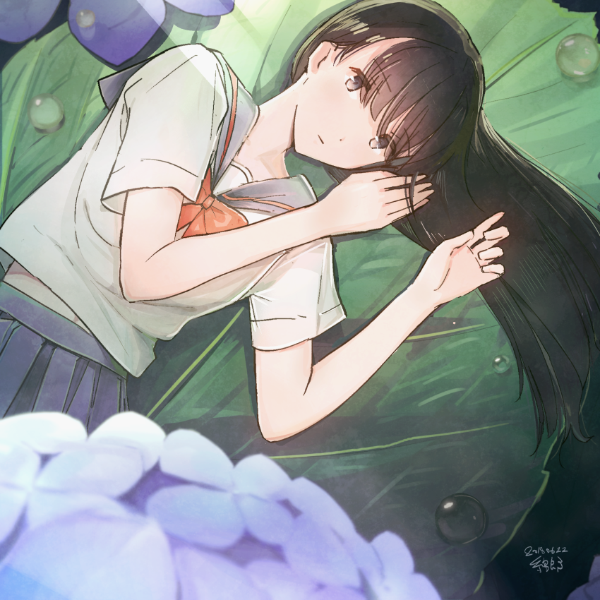 black_hair blue_skirt bow brown_eyes dated dew_drop flower hydrangea leaf long_hair looking_at_viewer lying minigirl on_back original pleated_skirt red_bow school_uniform serafuku shirt short_sleeves skirt uniform wata5119 water_drop white_shirt