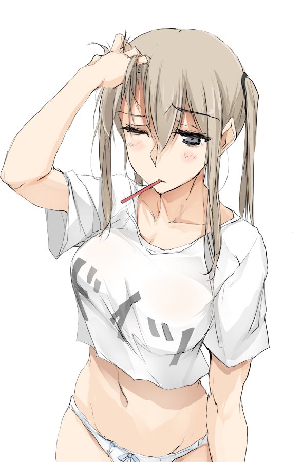 breasts cleavage clothes_writing collarbone commentary crop_top crop_top_overhang graf_zeppelin_(kantai_collection) hand_in_hair kantai_collection large_breasts looking_at_viewer messy_hair one_eye_closed panties purple_eyes see-through shirt short_sleeves sidelocks simple_background sketch sleepy solo translated twintails underwear upper_body white_background white_panties white_shirt zekkyon