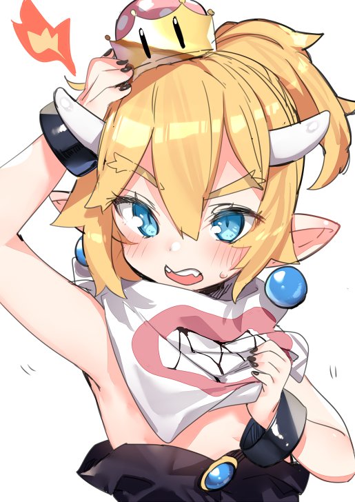 armpits blonde_hair blue_eyes blush bowser_jr. bowsette_jr. breasts child crown fire hand_up mario_(series) new_super_mario_bros._u_deluxe open_mouth pointy_ears simple_background small_breasts solo super_crown sweatdrop tousaki_shiina upper_body white_background