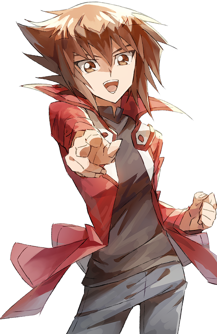 :d black_shirt brown_eyes brown_hair clenched_hand grey_pants hair_between_eyes jacket k-me looking_at_viewer male_focus open_clothes open_jacket open_mouth outstretched_arm pants red_jacket shirt sketch smile solo standing white_background yuu-gi-ou yuu-gi-ou_gx yuuki_juudai