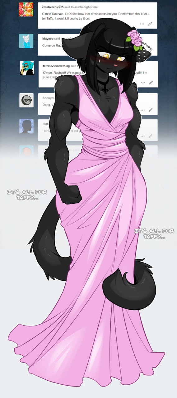 2018 anthro biceps black_fur black_hair blush breasts bridesmaid bridesmaid_dress cat chalo chest_tuft clothed clothing dress embarrassed english_text feline female flower flower_in_hair fur hair las_lindas mammal muscular muscular_female plant rachael_saleigh solo text tuft webcomic yellow_eyes