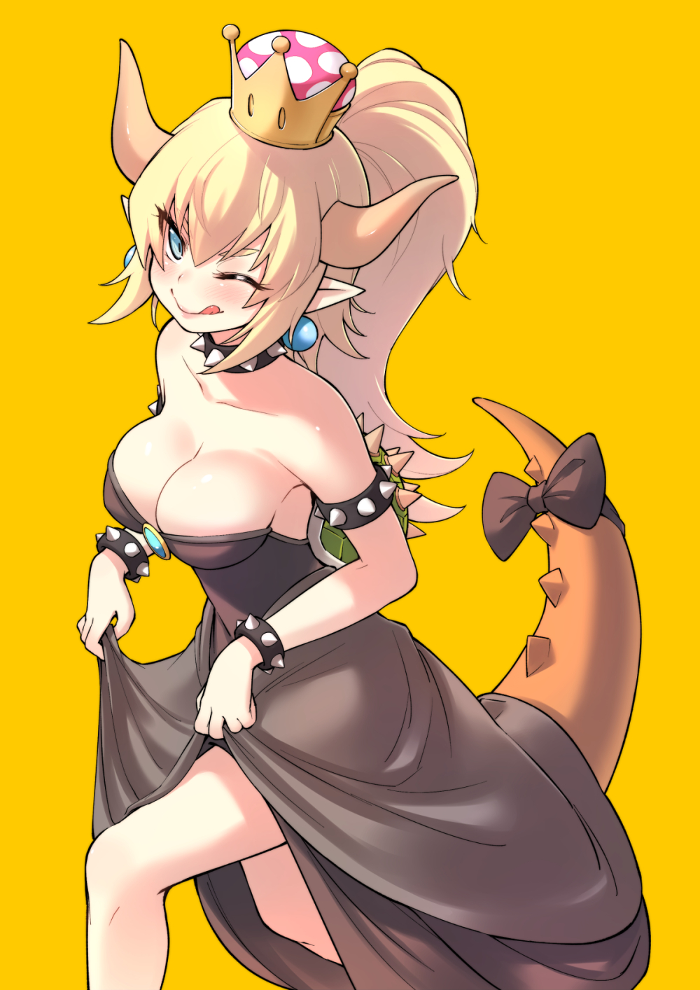 ;) ;q alphy armlet bangs bare_shoulders black_bow black_dress blonde_hair blue_eyes blush bow bowsette bracelet breasts cleavage collar collarbone commentary_request crown dress dress_lift earrings highres horns jewelry large_breasts lifted_by_self long_hair looking_at_viewer mario_(series) new_super_mario_bros._u_deluxe one_eye_closed pointy_ears ponytail smile spiked_bracelet spiked_collar spikes strapless strapless_dress super_crown super_mario_bros. tail tail_bow tongue tongue_out turtle_shell yellow_background