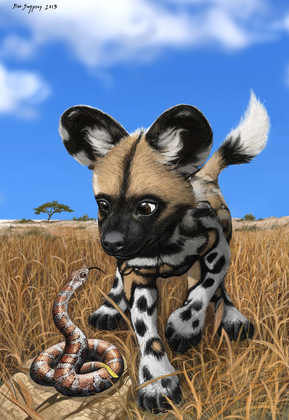 2013 4_toes african_wild_dog ambiguous_gender black_fur black_markings black_nose black_spots black_tail black_tongue blep brown_eyes brown_fur brown_scales brown_spots brown_tail canine claws cloud cub curious cute digital_media_(artwork) digital_painting_(artwork) duo eye_contact eye_markings facial_markings feral forked_tongue fur grass hi_res inner_ear_fluff lighting looking_at_another looking_down looking_up mammal markings mask_(marking) multicolored_fur multicolored_scales multicolored_tail muzzle_(marking) nature no_sclera outside plant psithyrus quadruped reptile rock savanna scales scalie serpentine shadow shrub signature size_difference sky smile snake snout spots spotted_fur toe_claws toes tongue tongue_out tree white_fur white_scales white_spots white_tail yellow_scales young