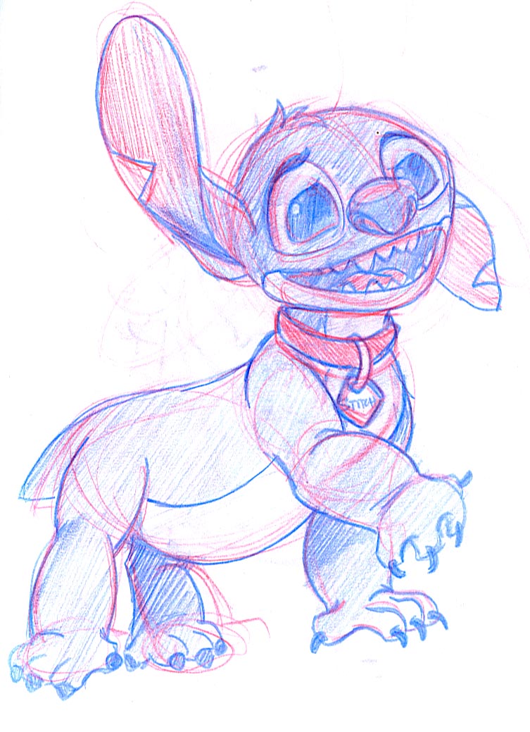 alien all_fours blue_claws blue_eyes blue_fur blue_nose claws collar colored_pencil_(artwork) disney drew_graham experiment_(species) fur head_tuft lilo_and_stitch notched_ear one_ear_down open_mouth open_smile simple_background sketch small_tail smile stitch traditional_media_(artwork) tuft white_background