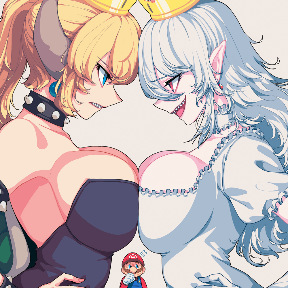 bare_shoulders black_dress blonde_hair blue_eyes blush borrowed_character bowsette breast_contest breast_press breasts choker cleavage collar commentary crown dress earrings elbow_gloves eyebrows_visible_through_hair face-to-face facial_hair fingernails flying_sweatdrops frilled_choker frilled_dress frills gloves hands_on_hips hat hips horns jewelry large_breasts long_fingernails long_hair luigi's_mansion mario mario_(series) md5_mismatch multiple_girls mustache new_super_mario_bros._u_deluxe open_mouth pale_skin pointy_ears ponytail princess_king_boo profile red_eyes sharp_teeth silver_hair simple_background smile strapless strapless_dress studded_bracelet studded_collar sungwon super_crown symmetrical_docking teeth upper_body white_background white_dress white_gloves