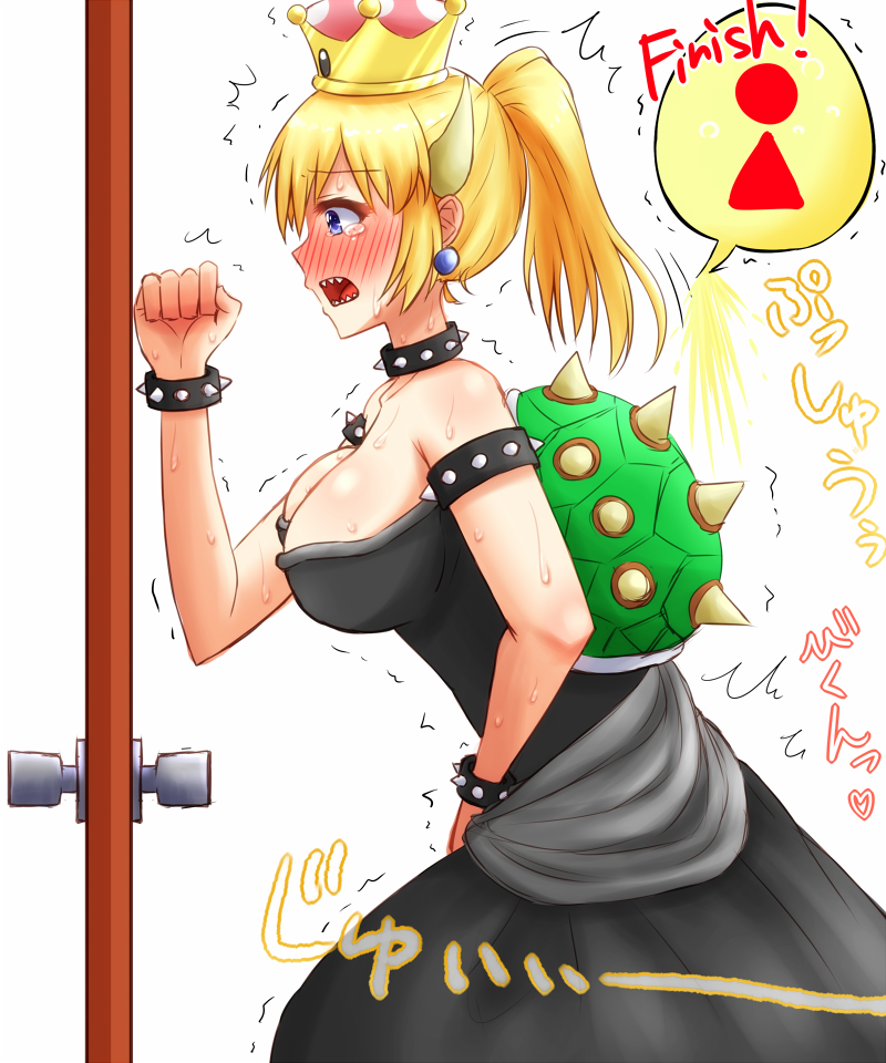 1girl apotei armlet bangs bare_shoulders between_legs black_dress blonde_hair blue_eyes blush bowsette bracelet breasts cleavage clenched_hand collar collarbone crown door doorknob dress earrings embarrassed english_text eyebrows_visible_through_hair female from_side hand_between_legs hand_up have_to_pee horns japanese_text jewelry large_breasts mario_(series) new_super_mario_bros._u_deluxe nintendo nose_blush open_mouth peeing peeing_self ponytail profile sharp_teeth shiny shiny_hair simple_background solo speech_bubble spiked_bracelet spiked_collar spikes standing strapless strapless_dress super_crown sweat tears teeth tied_hair translation_request trembling urine_meter white_background