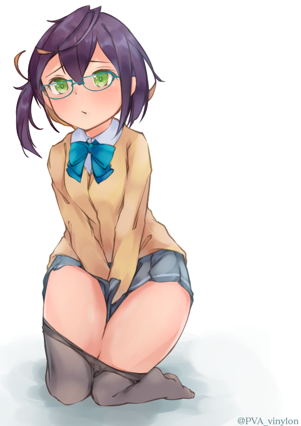 between_legs bow bowtie cardigan commentary_request full_body glasses green_eyes hand_between_legs highres kantai_collection light_blush no_shoes okinami_(kantai_collection) pantyhose pantyhose_pull pleated_skirt purple_hair short_hair skirt solo twitter_username uut