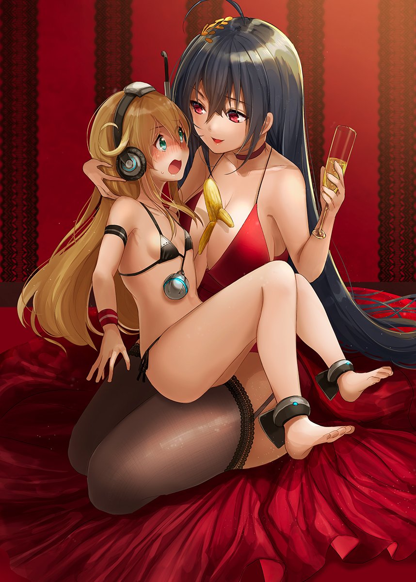 ahoge albacore_(azur_lane) alcohol azur_lane bangs bare_shoulders bikini black_hair black_legwear blonde_hair blush breasts champagne champagne_flute choker cleavage cocktail_dress collarbone commentary cup dress drinking_glass eyebrows_visible_through_hair full_body garter_straps green_eyes hair_between_eyes hair_ornament headphones highres kelly_0w0 large_breasts long_hair looking_at_another loose_bikini multiple_girls nose_blush open_mouth parted_lips red_choker red_dress red_eyes sitting size_difference small_breasts smile sweatdrop swimsuit taihou_(azur_lane) thighhighs very_long_hair you_gonna_get_raped yuri