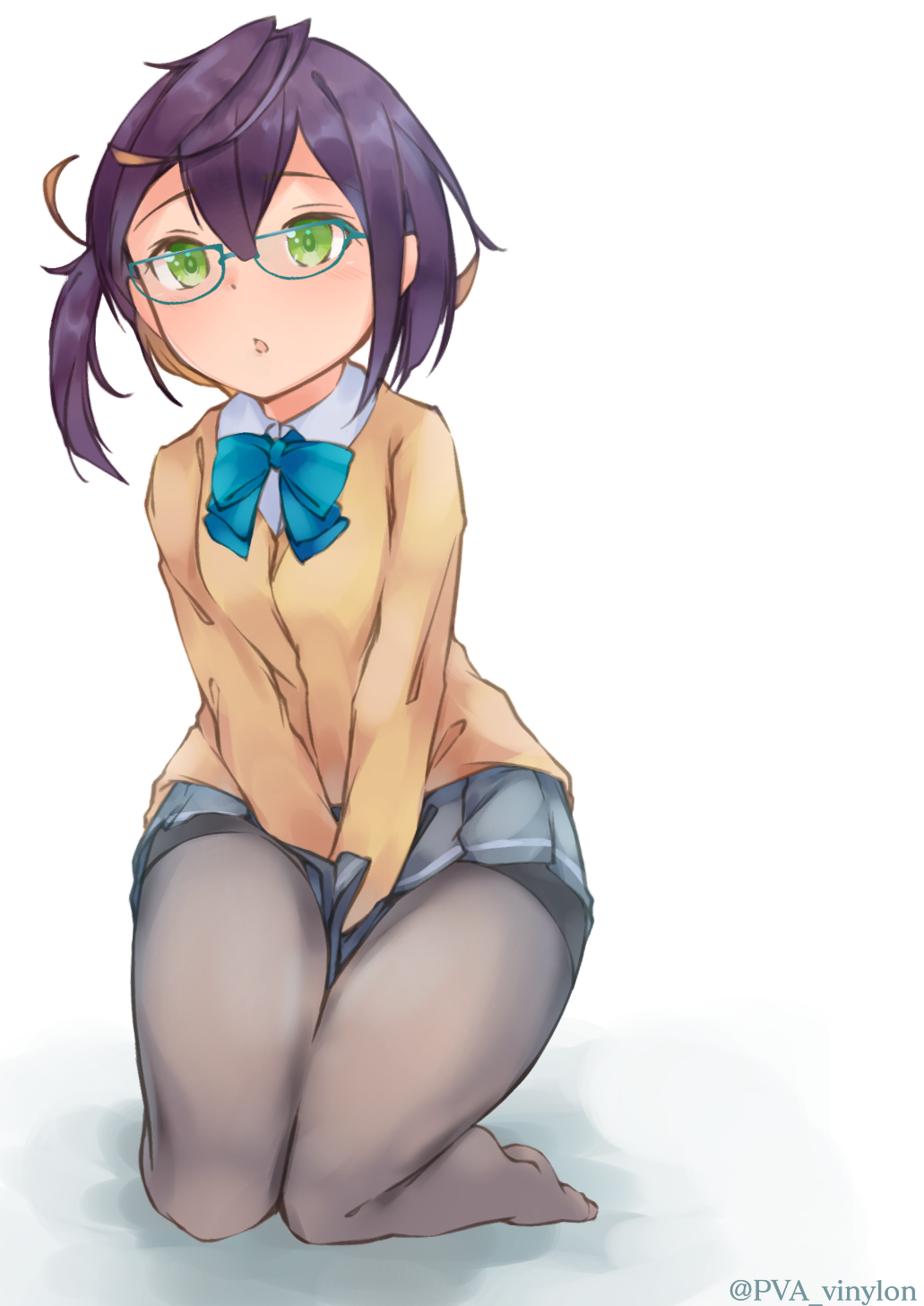 between_legs bow bowtie cardigan commentary_request full_body glasses green_eyes hand_between_legs highres kantai_collection light_blush no_shoes okinami_(kantai_collection) open_mouth pantyhose pleated_skirt purple_hair short_hair skirt solo twitter_username uut